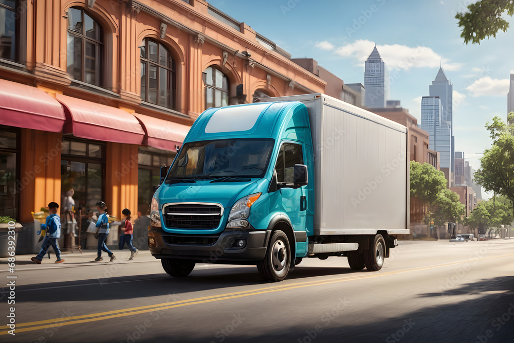 Modern commercial delivery truck on the city street. Fast delivery concept