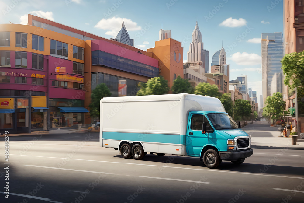 Modern commercial delivery truck on the city street. Fast delivery concept