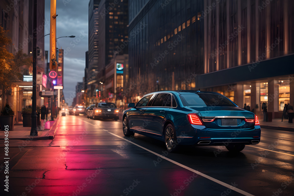 Side view of a luxury executive limousine car on the road in the city at night Side view of a luxury executive limousine car on the road in the city at night
