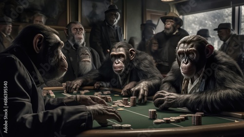Monkey playing roulette at casino. Poker players. Casino concept. Chimp. Chimpanzee. Evolution Concept