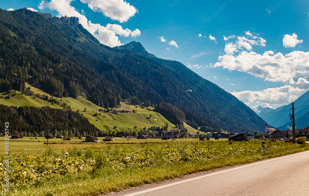 Fototapeta premium Alpine summer view near Neustift, Stubaital valley, Innsbruck, Austria
