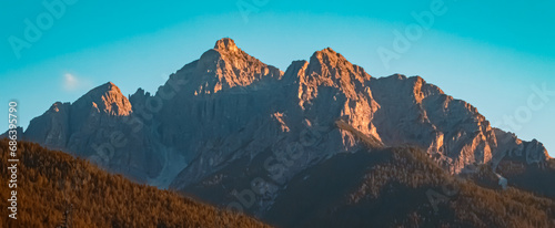 Alpine sunset or sundowner with Mount Serles and alpenglow at Stubaital valley, Innsbruck, Austria