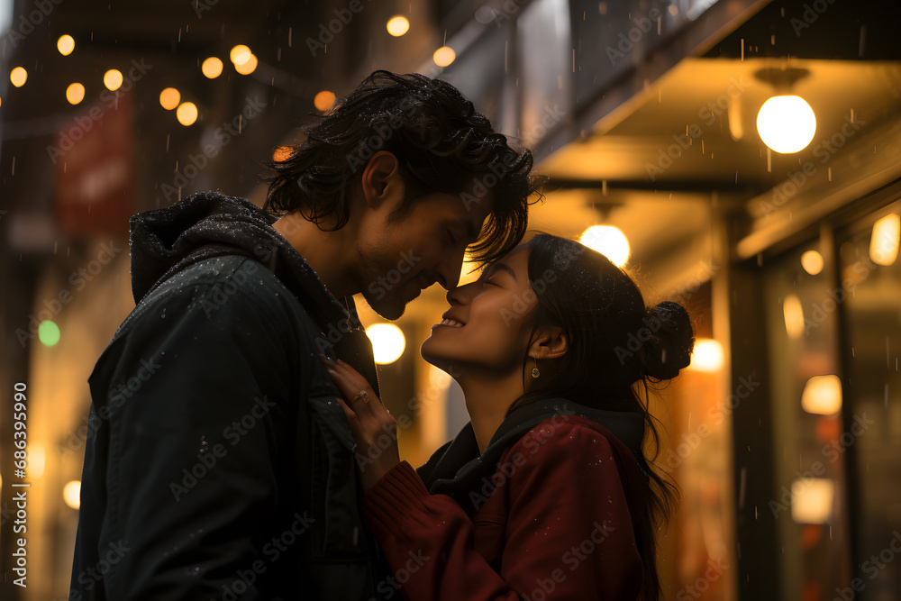 Young romantic Asian couple hugging on the city streets at night Young romantic Asian couple hugging on the city streets at night
