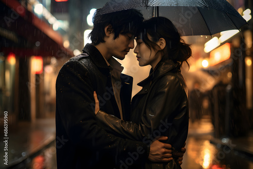 Young romantic Asian couple hugging on the city streets at night