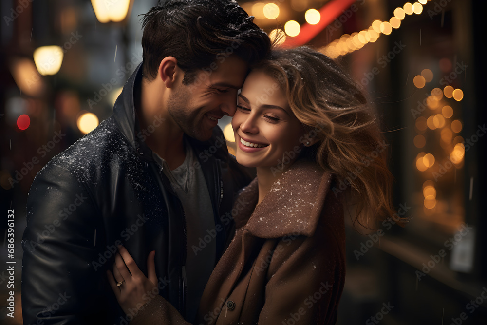 A young couple in a hug walking the city on a cold night. relationship, together on Christmas eve A young couple in a hug walking the city on a cold night. relationship, together on Christmas eve