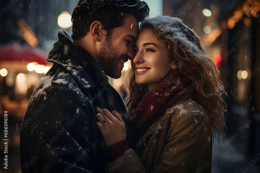 A young couple in a hug walking the city on a cold night. relationship, together on Christmas eve