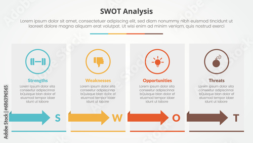 swot business framework strategic template infographic concept for slide presentation with box table with arrow with 4 point list with flat style