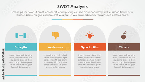 swot business framework strategic template infographic concept for slide presentation with table rectangle and round top with 4 point list with flat style photo