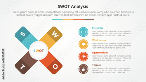 swot business framework strategic template infographic concept for slide presentation with x cross shape with vertical description with 4 point list with flat style