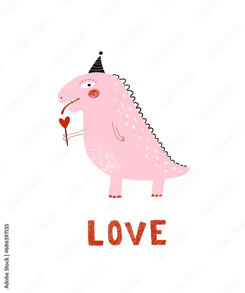 Funny Valentine's Day Vector Card with Cute Pink Dinosaur with Red ...