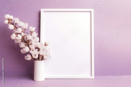 Empty white frame with white spring flowers on the lilac table