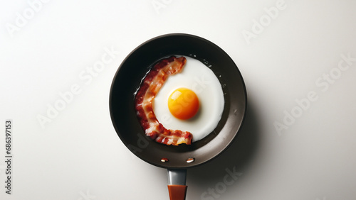 Fried egg and bacon in a pan photo