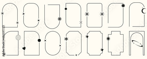 Minimalistic linear frames with abstract geometric shapes, flowers and sparkles.Vector illustration