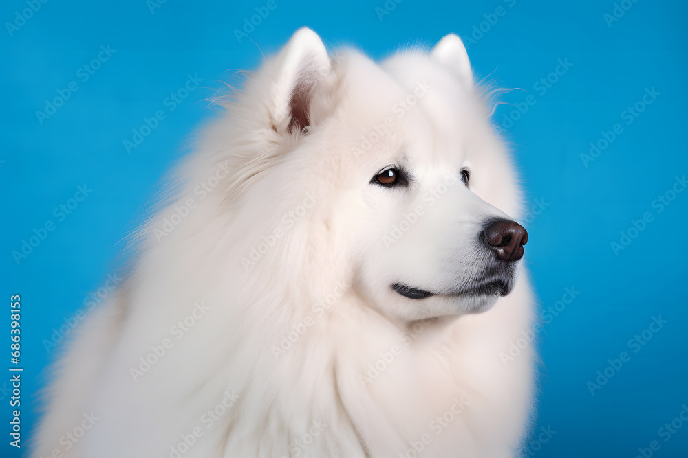 Cute Samoyed dog on blue color background. Neural network AI generated art