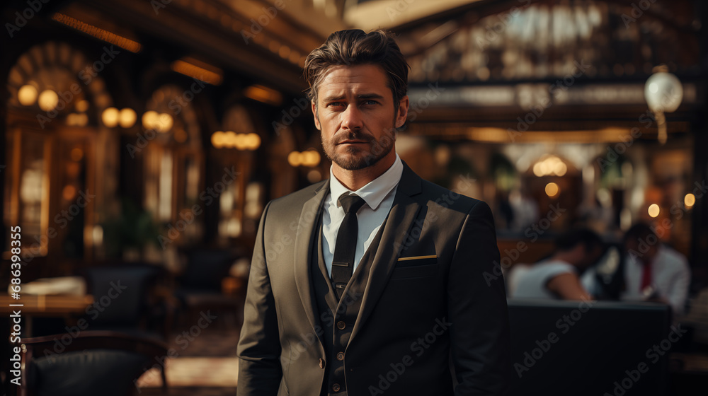 Fototapeta premium A portrait of a rugged businessman in a black suit in the lobby interior of a hotel.