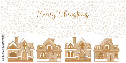 Gingerbread house a winter holiday card template. Houses under the snow. Poster web design Vector illustration.