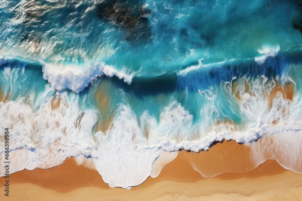 Aerial view of a beautiful sandy beach with turquoise ocean waves. Seascape. Aerial View.