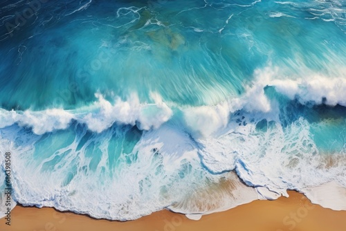 Aerial view of sea waves crashing on sandy beach. Seascape. Aerial View.