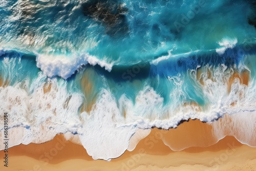 Aerial view of a beautiful sandy beach with turquoise ocean waves. Seascape. Aerial View.