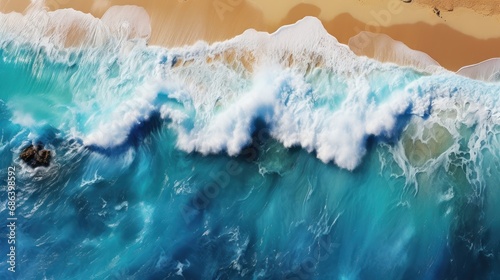 Aerial view of ocean waves on the sandy beach. Seascape. Aerial View.