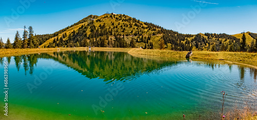High resolution stitched alpine summer panorama with reflections at Lake Spiegelsee, Mount Fulseck, Dorfgastein, St. Johann im Pongau, Salzburg, Austria