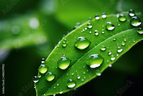 Close-up of green leaves. Dew drops on living plants. Droplets on leaves.