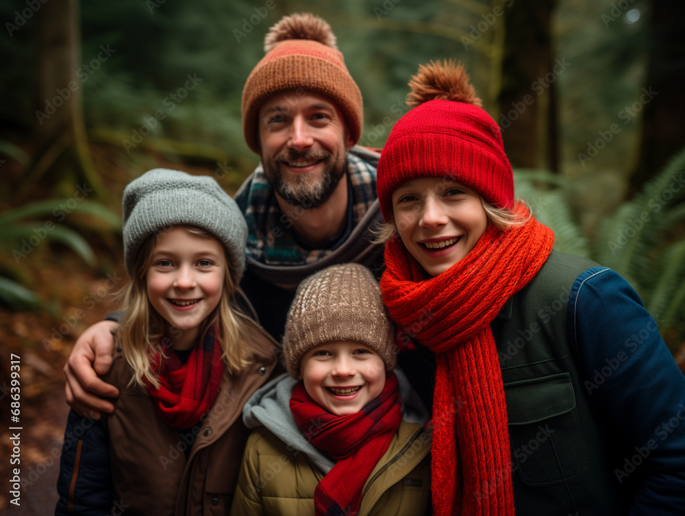 A Photo Of A Family On A Holiday Hike In A Sunny Lush Forest Wearing Festive Hats And Scarves