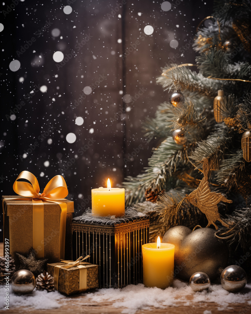 Surprise gift box with golden ribbon and lit candles on a table adorned for Christmas. shows the festive spirit and magic of Xmas, with decorated tree; greeting card with bokeh and black background