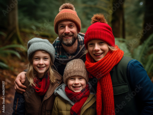 A Photo Of A Family On A Holiday Hike In A Sunny Lush Forest Wearing Festive Hats And Scarves © Nathan Hutchcraft