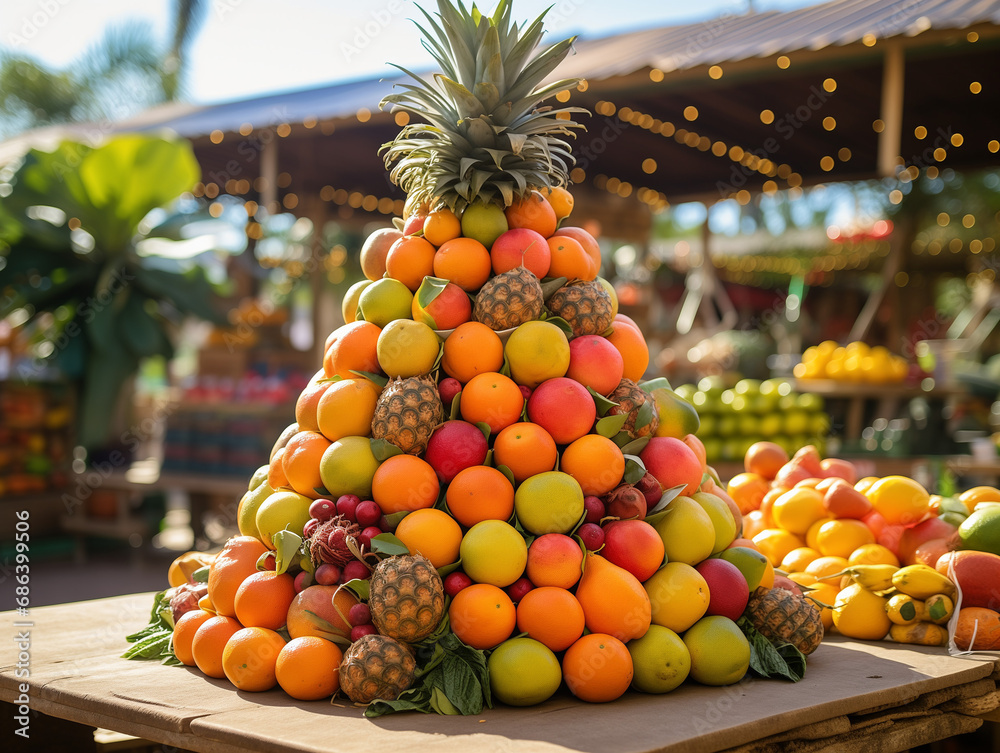 A Photo Of A Tropical Fruit Christmas Tree Creatively Arranged And Displayed At A Sunny Outdoor Market