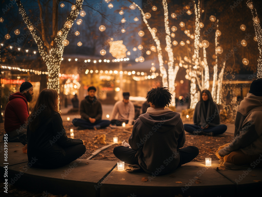 A Photo Of A Festive Outdoor Meditation Session With People Practicing Mindfulness Surrounded By Holiday Decorations