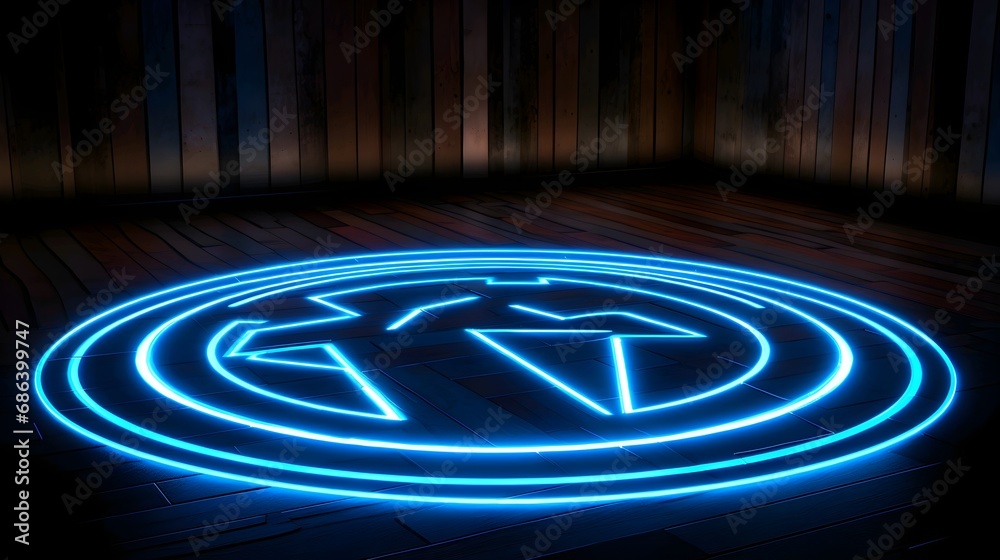 Futuristic neon light circle with a star emblem on a dark stage floor, conveying high-tech, innovation, or virtual reality concepts.
