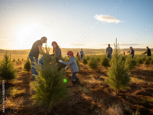 A Photo Of A Christmas Tree Plantation In A Warm Climate With Families Choosing Their Trees Under A Sunny Sky