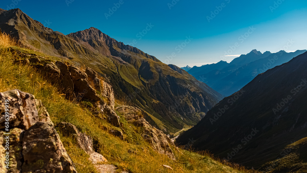 Alpine summer view on the hike to Lake Egesensee near Dresdnerhuette, Mutterbergalm, Stubaital valley, Innsbruck, Austria