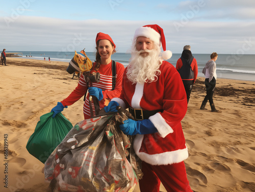 A Photo Of A Christmas-Themed Beach Clean-Up With Volunteers Wearing Festive Gear While Caring For The Environment