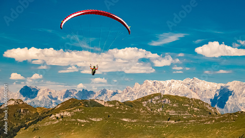 Alpine summer view with paragliders at Mount Fulseck, Dorfgastein, St. Johann im Pongau, Salzburg, Austria photo