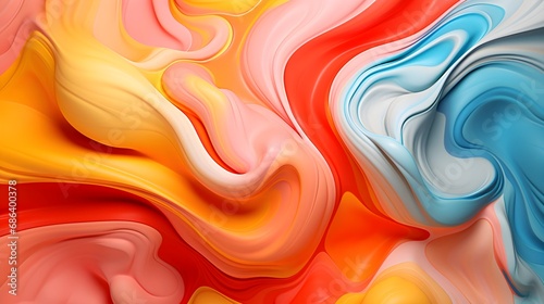 Abstract swirls in vibrant orange, yellow, and blue hues, resembling flowing silk or liquid color blend.