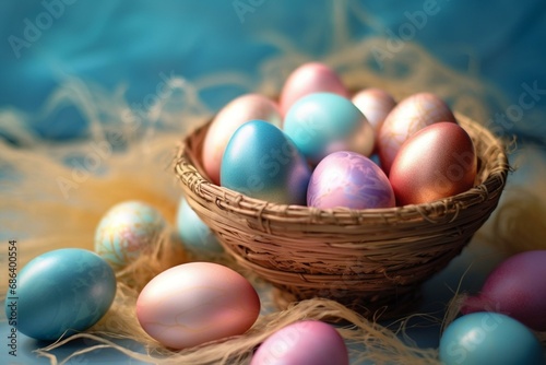 Colorful Easter eggs in a basket, placed in a serene blue room with pastel shades. The eggs are in iridescent, lustrous colors, reminiscent of spring. A card is also present. Generative AI