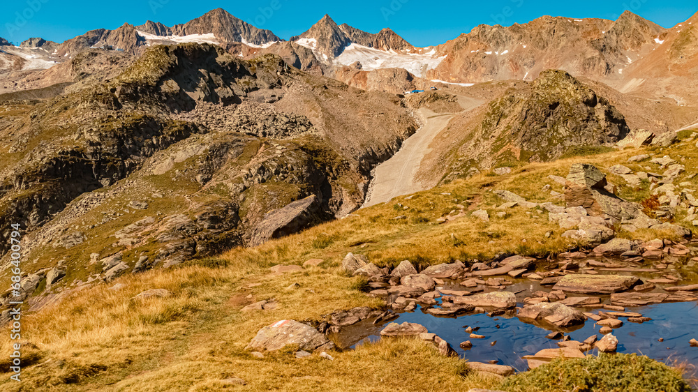 Alpine summer view with reflections at Lake Egesensee near Dresdnerhuette, Mutterbergalm, Stubaital valley, Innsbruck, Austria