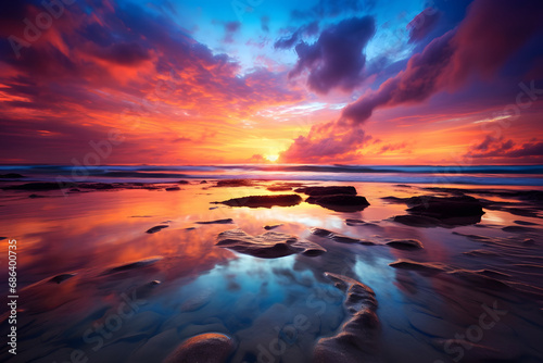 Strandsonne- Magischer Sonnenaufgang und vertr  umter Sonnenuntergang an einem idyllischen K  stenparadies