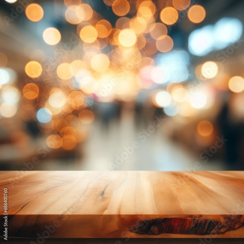 Defocused bokeh lights background with an empty wooden table top. Product display template.