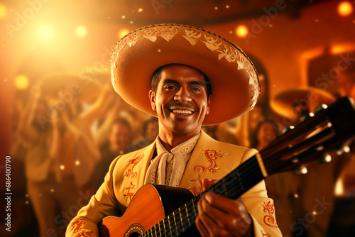 Mexican Independence. Cinco de mayo. Mexican men wearing traditional mariachi clothing playing guitar. Generative AI