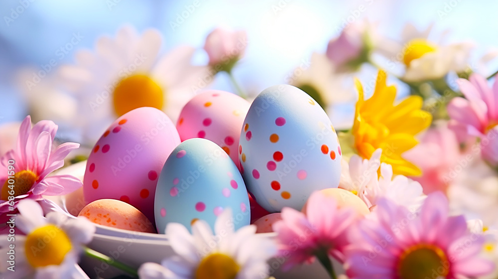 Colorful Easter eggs in flower field