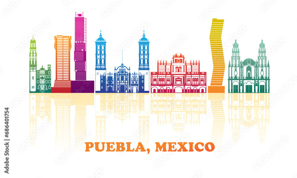 Colourfull Skyline panorama of city of Puebla, Mexico - vector illustration