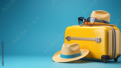 Yellow suitcase with sun glasses, hat and camera on pastel blue background. travel concept. minimal style