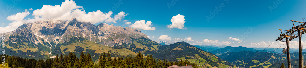 High resolution stitched alpine summer panorama at Karbachalm, Muehlbach at Mount Hochkoenig, St. Johann im Pongau, Salzburg, Austria