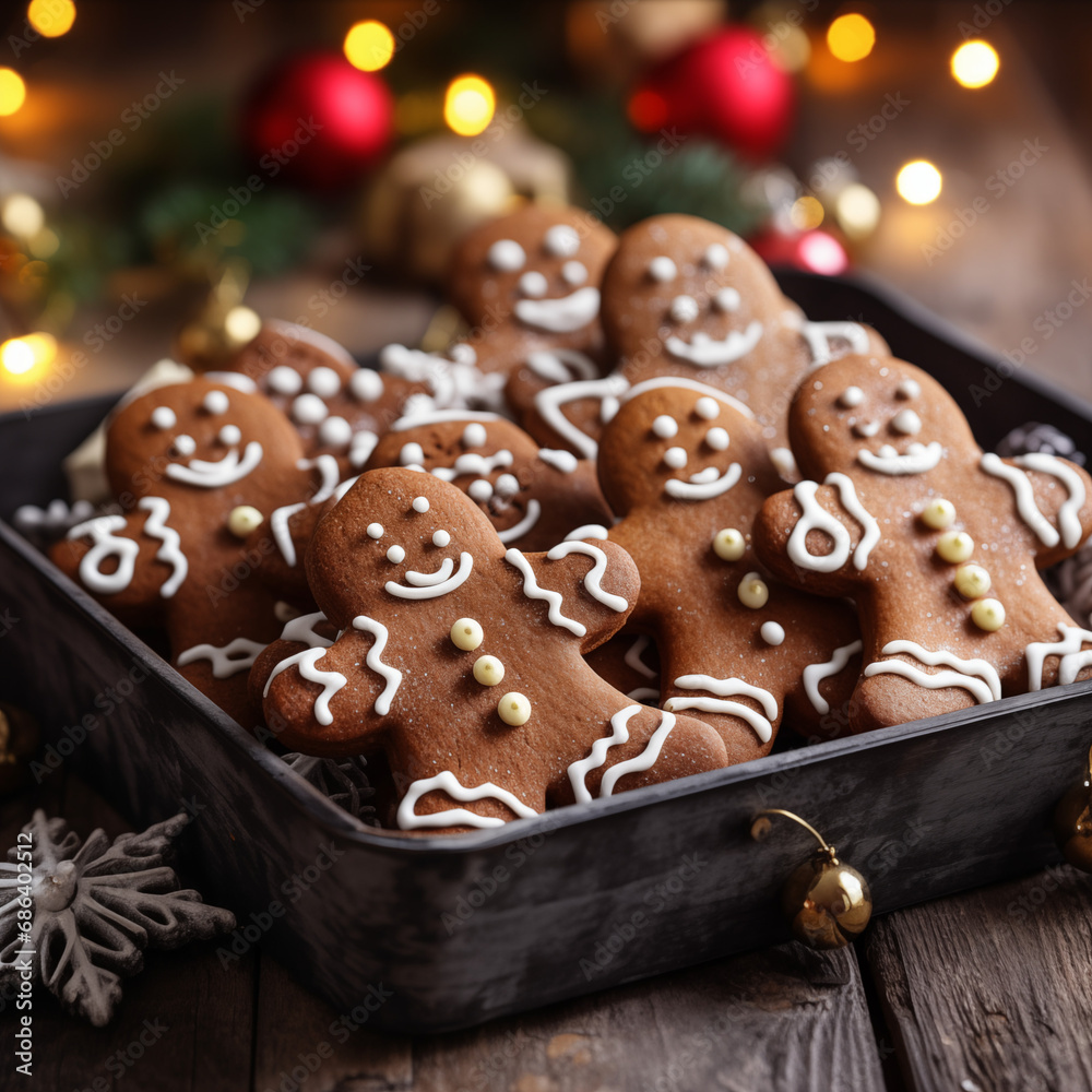 Homemade gingerbread cookies in a plate, festivity background. funny character for baking biscuits. handmade sweets for new year and a merry Christmas; flavorful festive treats, xmas holiday snack