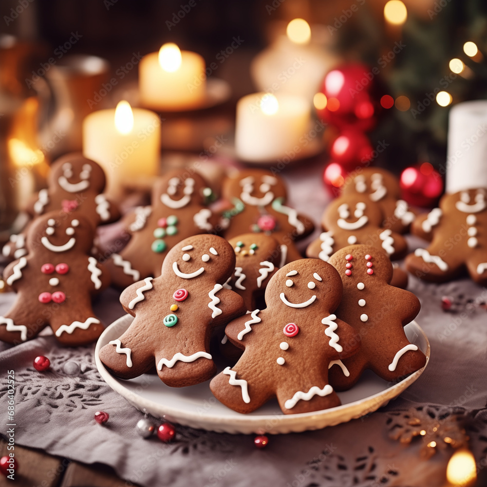 Gingerbread cookies in a plate, festivity background with candles. funny character for baking biscuits. handmade sweets for new year and a merry Christmas; flavorful festive treats, xmas holiday snack Gingerbread cookies in a plate, festivity background with candles. funny character for baking biscuits. handmade sweets for new year and a merry Christmas; flavorful festive treats, xmas holiday snack