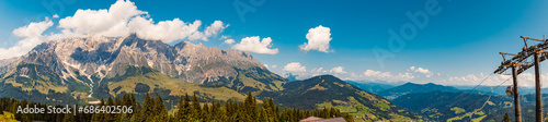 High resolution stitched alpine summer panorama at Karbachalm, Muehlbach at Mount Hochkoenig, St. Johann im Pongau, Salzburg, Austria