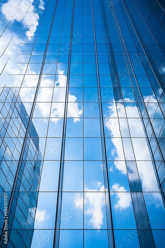 Reflective skyscrapers  business office buildings. Low angle photography of glass curtain wall details of high-rise buildings.The window glass reflects the blue sky and white clouds. High quality